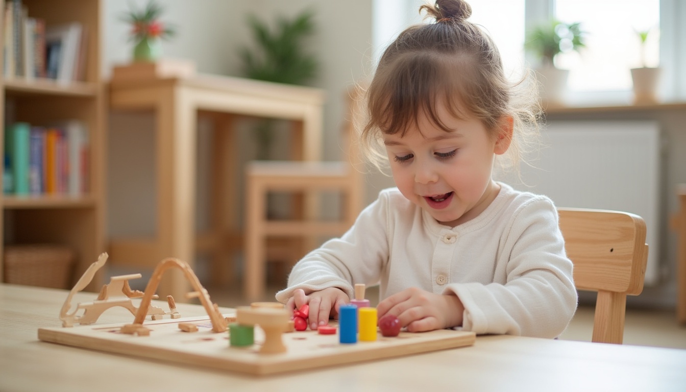 Copii interacționând cu materiale Montessori într-o grădiniță luminoasă