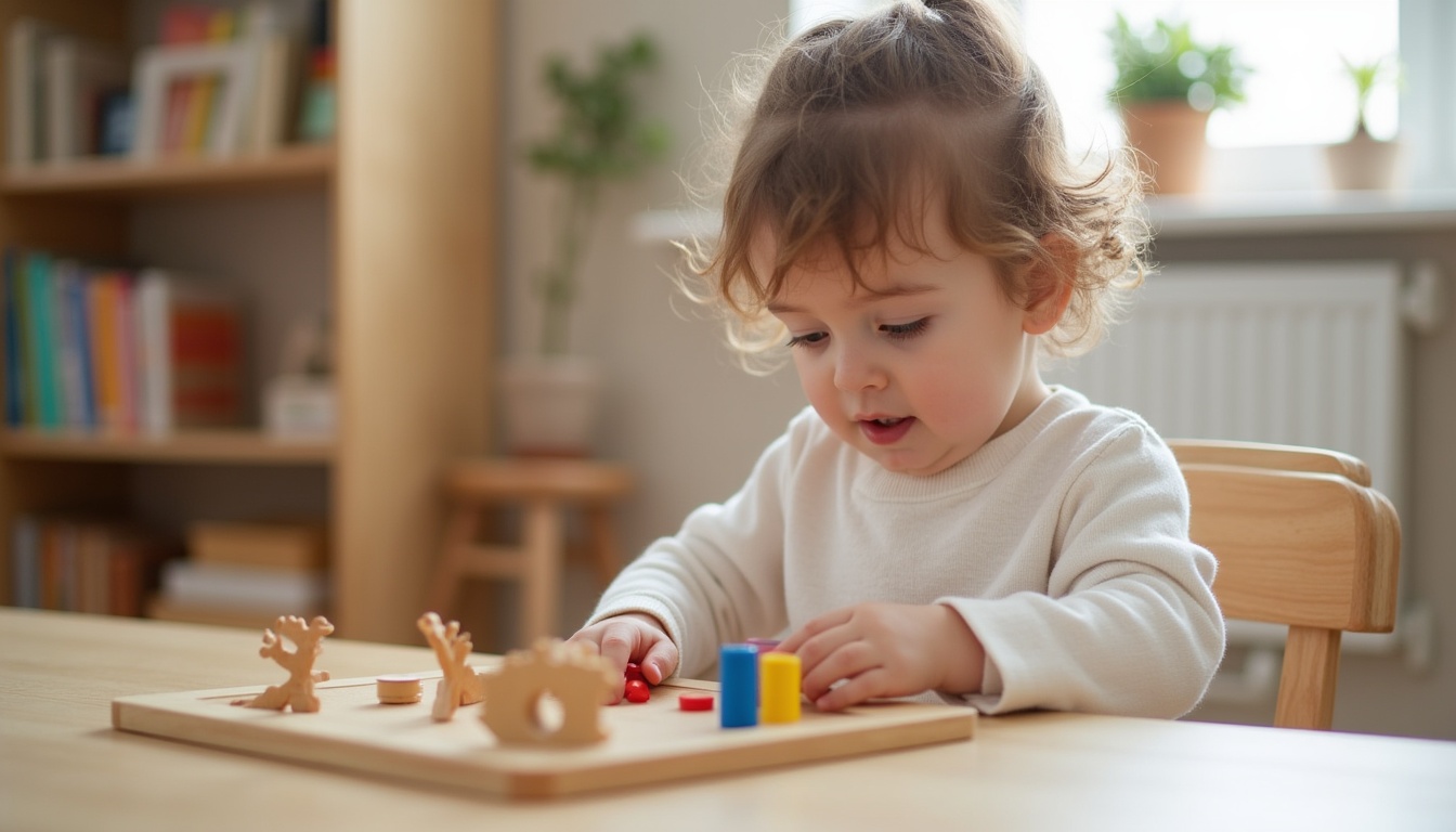 O imagine stilizată cu o fetiță explorând materiale Montessori într-un mediu luminos și ordonat, simbolizând metoda Maria