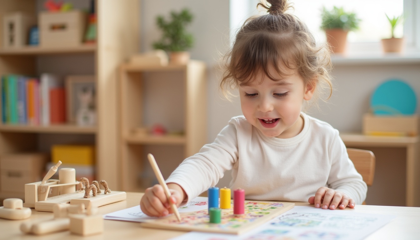 Copii fericiți într-o gradinita Montessori, explorând materiale educative