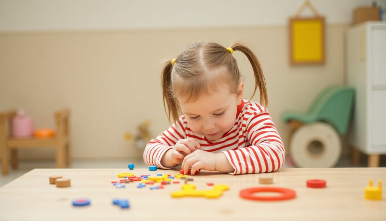 Copii fericiți explorând materiale într-o grădiniță în maniera Montessori